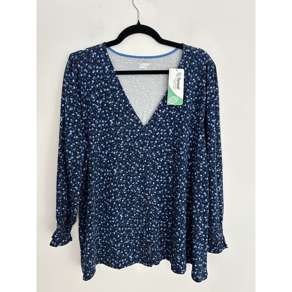 NWT Lands End Navy Blue Floral V-Neck Button Front Tencel Top XL